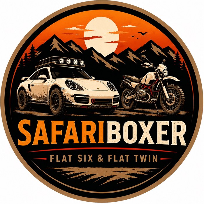 SafariBoxer Logo mit Porsche 996 Safari und BMW R12 G/S